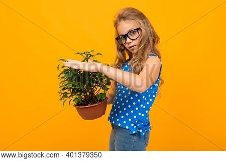 Portrait Of Young Caucaian Girl With Long Fair Hair In Black Glasses Holds Her Big Green Flower