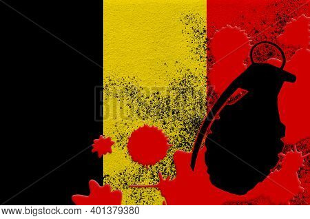Belgium Flag And Mk2 Frag Grenade In Red Blood. Concept For Terror Attack Or Military Operations Wit
