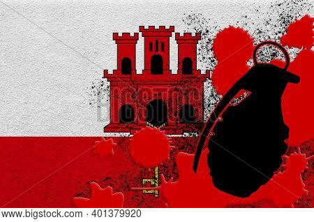 Giblartar Flag And Mk2 Frag Grenade In Red Blood. Concept For Terror Attack Or Military Operations W