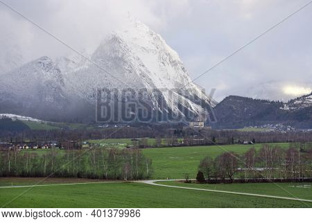 Winter Landscape With Snow Covered Grimming Mountain In Ennstal, Steiermark, Austria