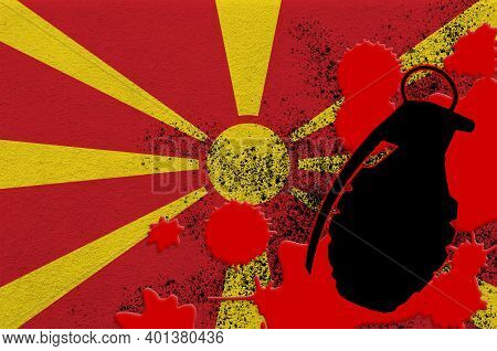 Macedonia Flag And Mk2 Frag Grenade In Red Blood. Concept For Terror Attack Or Military Operations W