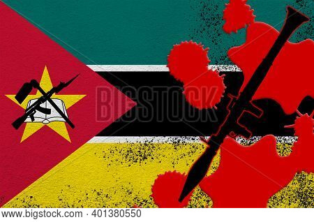 Mozambique Flag And Black Rpg-7 Rocket-propelled Grenade Launcher In Red Blood. Concept For Terror A