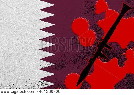 Qatar Flag And Black Rpg-7 Rocket-propelled Grenade Launcher In Red Blood. Concept For Terror Attack