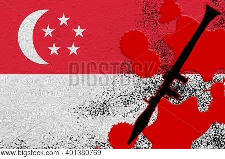 Singapore Flag And Black Rpg-7 Rocket-propelled Grenade Launcher In Red Blood. Concept For Terror At