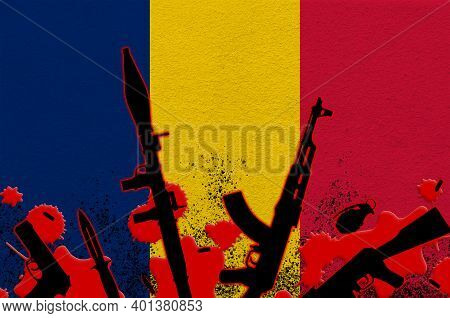 Chad Flag And Various Weapons In Red Blood. Concept For Terror Attack Or Military Operations With Le