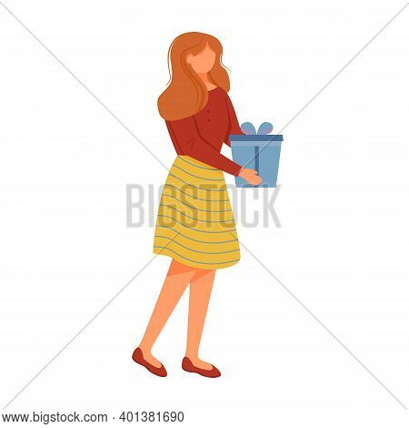 Young Woman With Gift Flat Vector Illustration. Birthday Party. Holiday Event. Anniversary Celebrati