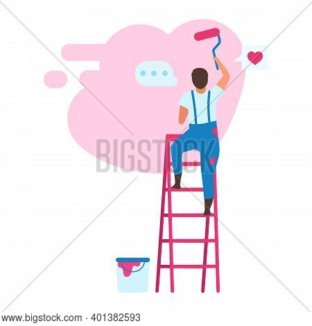 Young Man Choosing Color For Interior Design Flat Vector Illustration. Painter Painting Wall With Ro