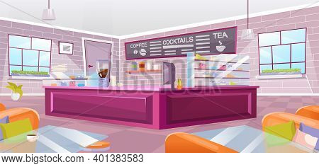 Cafe Interior Flat Vector Illustration. Empty Cafeteria With Pink Counter, Glass Tables And Cozy Arm
