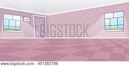 Empty Dining Room Interior Flat Vector Illustration. Cartoon Door And Windows With Sun Rays. Sunlit 