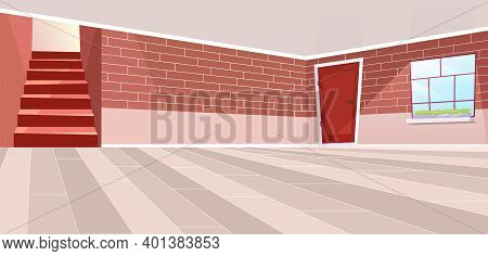 Empty Cottage Hall Interior Flat Vector Illustration. Cartoon Vintage Brick Walls, Doors And Stairca