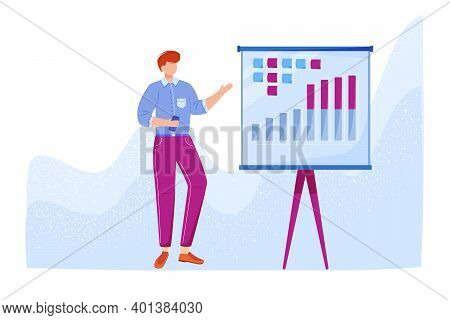 Office Employee Flat Vector Illustration. Worker Presenting Annual Report. Staff Member Speaking Abo