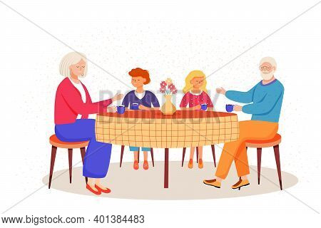 Retired People Flat Vector Illustration. Children Came To Visit Elderly Relatives. Family Pastime In
