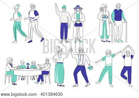 Retired People Flat Vector Illustrations Set. Senior Age Family Romantic Pastime. Healthy Lifestyle.