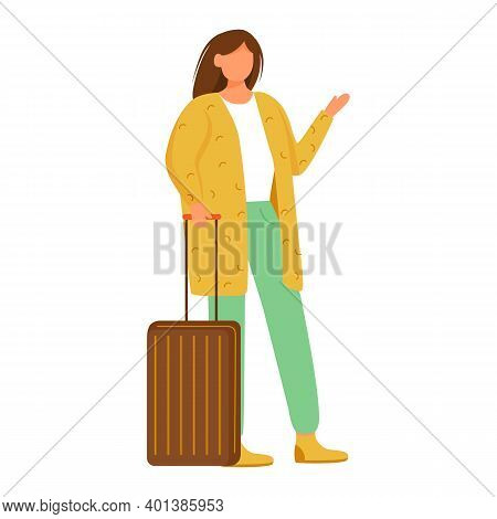 Female Traveler With Suitcase Flat Vector Illustration. Holiday Tour. Vacation Journey. Tourism. Sta