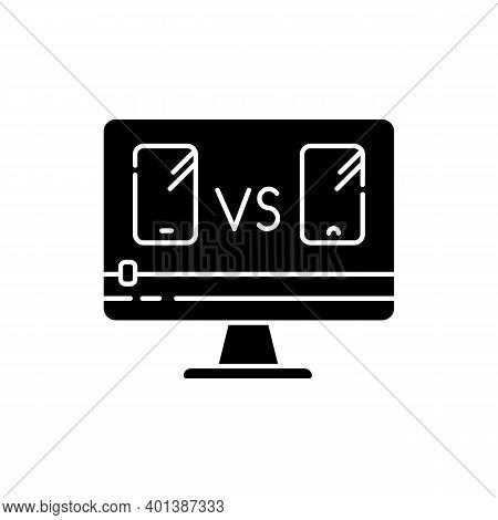 Smartphone Comparison Video Black Glyph Icon. Product Review Blog. Mobile Phone Blogger Commentary. 