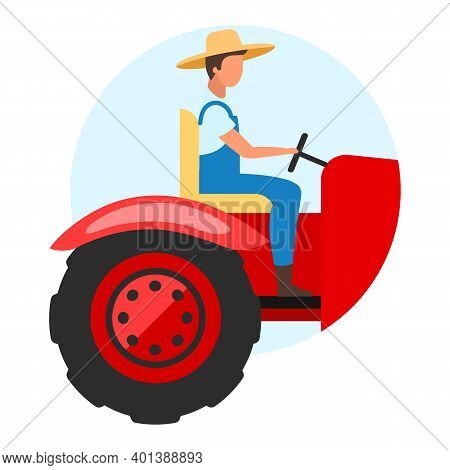 Tractor Driver Flat Concept Icon. Agricultural Machinery Sticker, Clipart. Cultivation, Planting, Ha