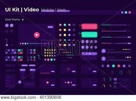 Video Ui Elements Kit. Search For Film. Multimedia Control Isolated Vector Icon, Bar And Dashboard T