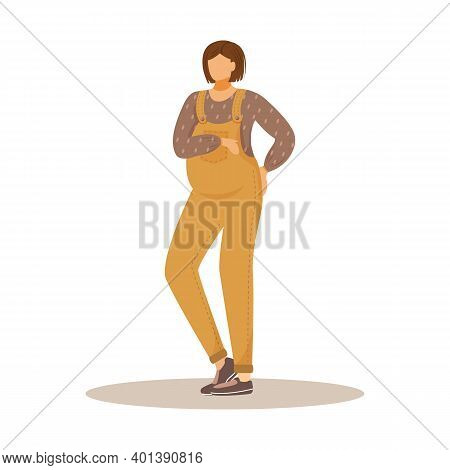 Pregnant Girl Flat Vector Illustration. Waiting For Baby. Maternity Expectation. Standing Brunette C