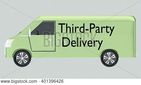 3d Illustration Of A Van With Third-party Delivery Script On It's Side, Isolated Over Gray Pattern.