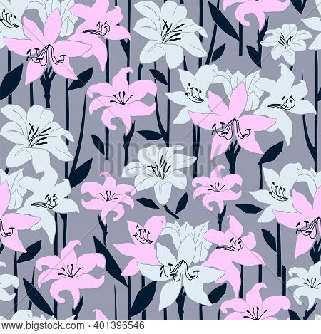 Vector Amaryllis Flower Motif With Grey Background Seamless Repeat Pattern