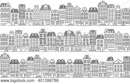Vector Seamless Background With Townhouses In European Style. Hand-drawn Houses Black On White. Stoc