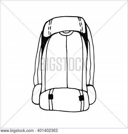 Hand Drawn Vector Camping Backpack Clip Art. Isolated On White Background Drawing For Prints, Poster