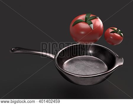 Flying Tomato In Fry Pan 3d Render