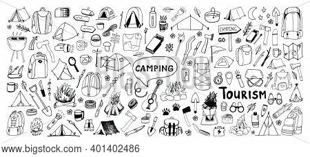Huge Hand Drawn Vector Camping Clip Art Set. Isolated On White Background Drawing For Prints, Poster