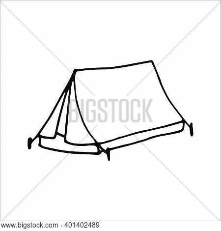Hand Drawn Vector Camp Tent Clip Art. Isolated On White Background Drawing For Prints, Poster, Cute