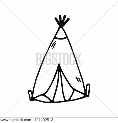 Hand Drawn Vector Camp Tent Clip Art. Isolated On White Background Drawing For Prints, Poster, Cute