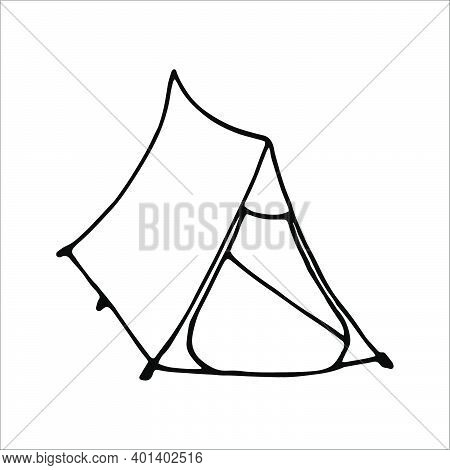 Hand Drawn Vector Camp Tent Clip Art. Isolated On White Background Drawing For Prints, Poster, Cute