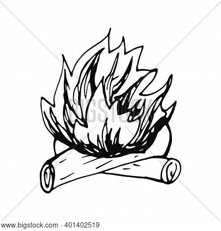 Hand Drawn Vector Campfire Clip Art. Isolated On White Background Drawing For Prints, Poster, Cute S