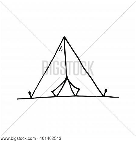 Hand Drawn Vector Camp Tent Clip Art. Isolated On White Background Drawing For Prints, Poster, Cute