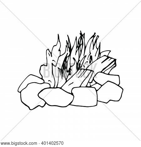 Hand Drawn Vector Campfire Clip Art. Isolated On White Background Drawing For Prints, Poster, Cute S
