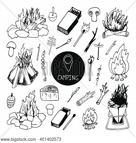 Big Hand Drawn Vector Campfire Clip Art Set. Isolated On White Background Drawing For Prints, Poster
