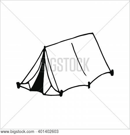 Hand Drawn Vector Camp Tent Clip Art. Isolated On White Background Drawing For Prints, Poster, Cute