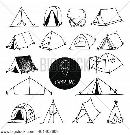 Big Hand Drawn Vector Camp Tent Clip Art Set. Isolated On White Background Drawing For Prints, Poste