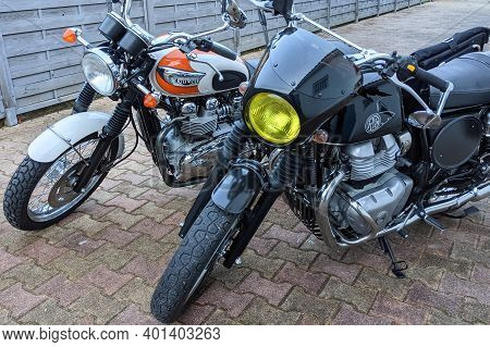 Bordeaux , Aquitaine  France - 12 25 2020 : Triumph Bonneville T100 And Royal Enfield Gt Continental