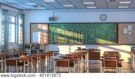 interior of a school classroom with wooden desks and chairs. nobody around. 3d render
