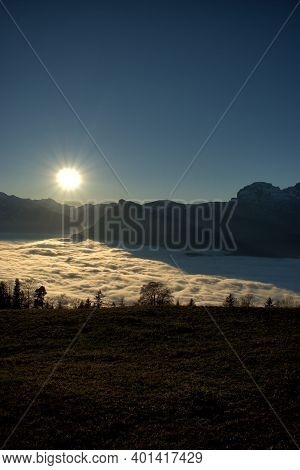 Sea Of Mist Over The Rhine Valley In Switzerland Seen From Triesenberg In Liechtenstein 27.11.2020