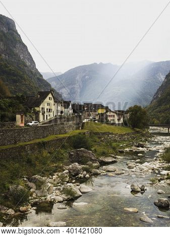 Idyllic Charming Town Rock Stone Houses Village Bignasco Maggia And Bavona River In Vallemaggia Tici
