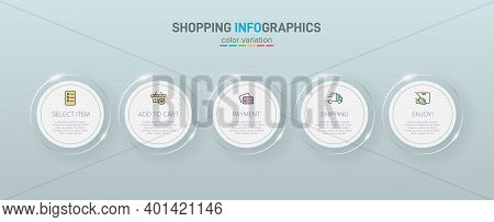 Concept Of Shopping Process With 5 Successive Steps. Five Colorful Graphic Elements. Timeline Design