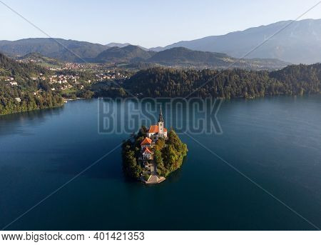 Aerial View Of Lake Bled Island Blejsko Jezero Upper Carniolan Julian Alps Mountains In Slovenia Eur