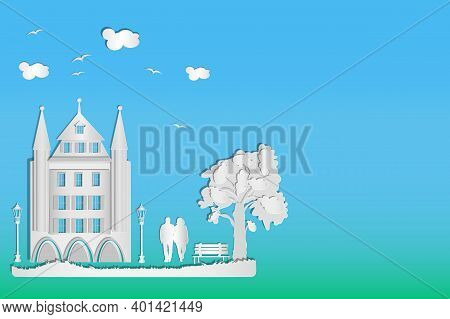 House With Tree, Couple, Bench, Street Lamp And Clouds On A Blue Sky Background. Urban Landscape In 