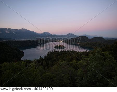 Panoramic Sunset View Of Lake Bled Island Blejsko Jezero From Osojnica Viewpoint Hill Upper Carniola