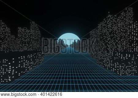 Abstract Futuristic Sci-fi Glowing City Landscap With Moon Night Sky Background 3d Rendering