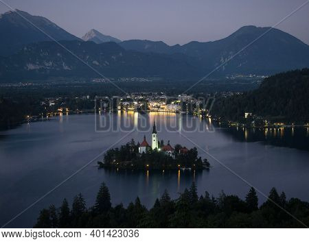 Panoramic Night View Of Lake Bled Island Blejsko Jezero From Osojnica Viewpoint Hill Upper Carniolan