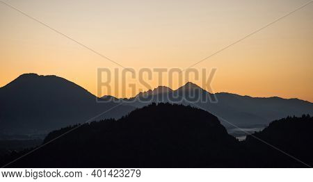 Panoramic Sunrise View Of Lake Bled Blejsko Jezero From Osojnica Viewpoint Hill Upper Carniolan Juli