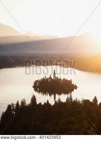 Panoramic Sunrise View Of Lake Bled Island Blejsko Jezero From Osojnica Viewpoint Hill Upper Carniol