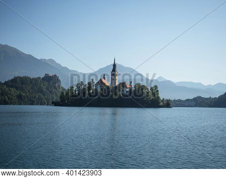 Panoramic View Of Lake Bled Island Blejsko Jezero Upper Carniolan Julian Alps Mountains In Slovenia 